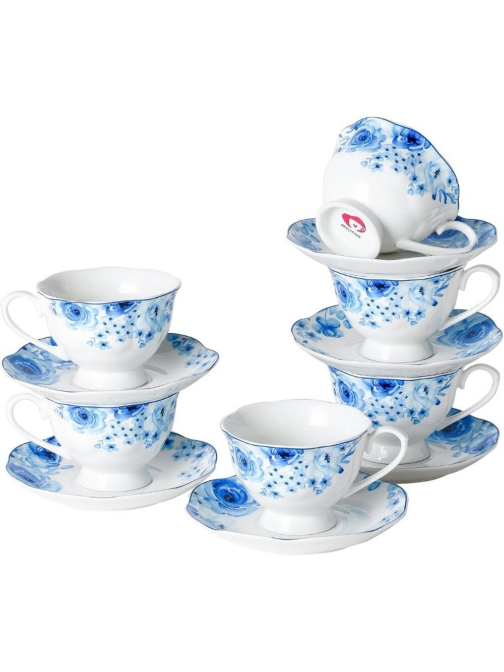 Elegant Blue Floral Porcelain Tea Cup & Saucer Set of 6 - Perfect for Tea